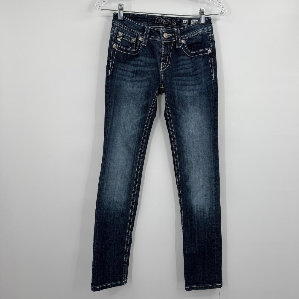 Miss Me Jeans Girls Youth 12 Blue Skinny Embroidered Rhinestone Studded sequin